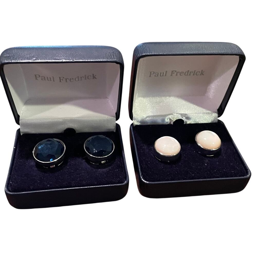 Paul Fredrick Button Cover / Cuff Links Set of 2, White, Navy, Career, Classic